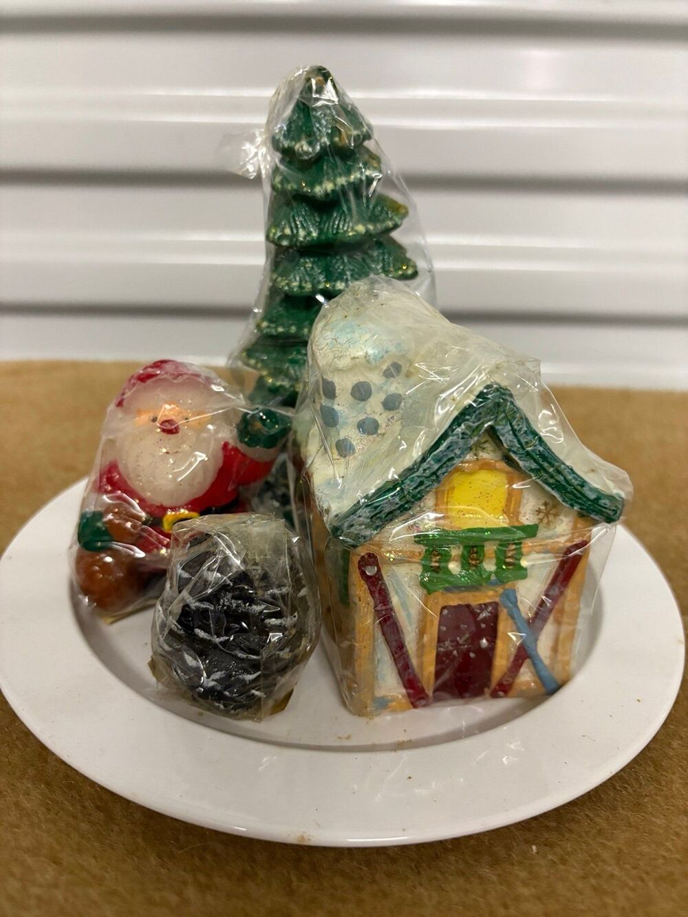 Vintage Christmas Scene Gingerbread House Santa Christmas Tree Pinecones Candle